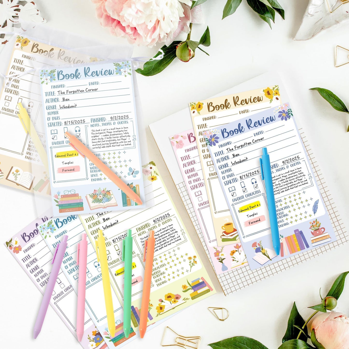 L1rabe Flower Book Review Notepad Set - Back to School Gift 12 Reading Journal Tracking Notepads 12 Pens 12 Organza Bags for Book Lovers Readers Bookish Bookworm Gift, Reading Log for Students Women