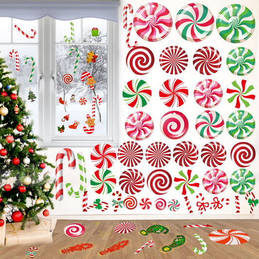 83 Pcs Peppermint Floor Decals Stickers Set Self Adhesive Candy Cane Stickers for Christmas Candy Party Decoration