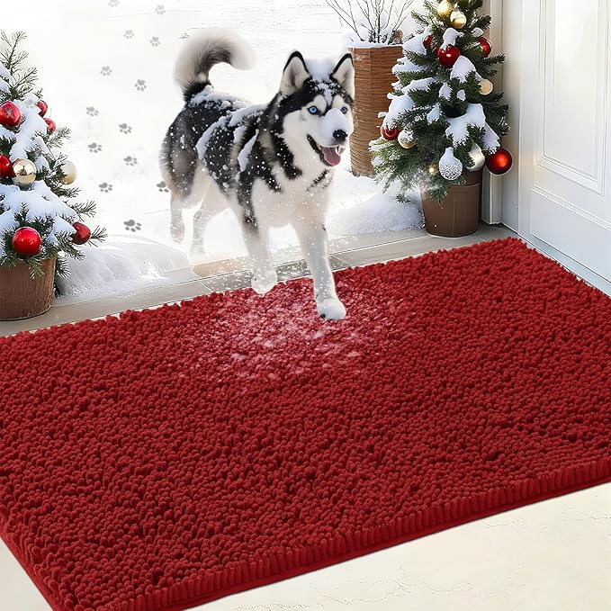 IM HOME Chenille Absorbent Outdoor Doormat 48" x 30", Washable Muddy Door Mats for Dog Non Slip Indoor Doormat Dog Mat for Muddy Paw Front Inside Doormats for Entryway Red Burgundy