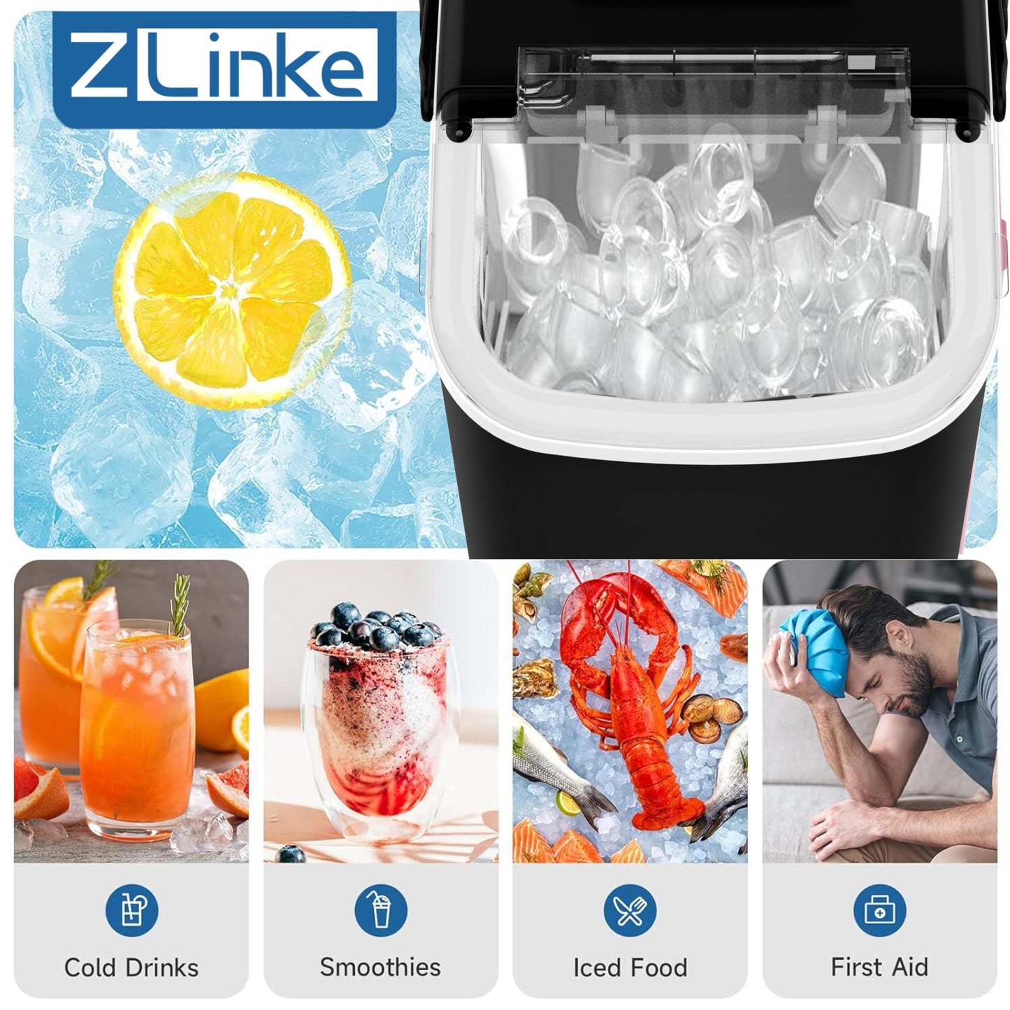Countertop Ice Maker Machine - 6 Mins 9 Bullet Ice, 26.5lbs/24Hrs, Portable With Self-Cleaning, Scoop, and Basket (Steel)