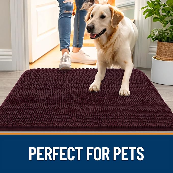 OLANLY Dog Door Mat for Muddy Paws 70x24, Absorbs Moisture and Dirt, Absorbent Non-Slip Washable Doormat, Quick Dry Chenille Mud Mat for Dogs, Entry Indoor Entryway Carpet for Inside Floor, Russet