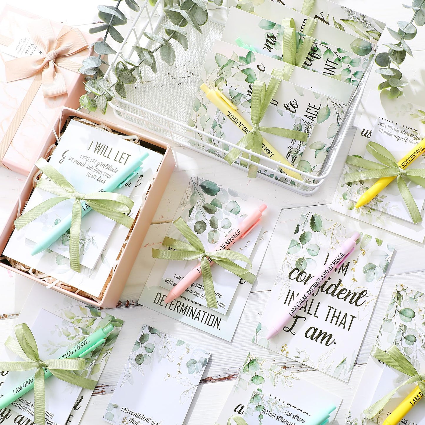 Maitys 24 Sets Thank You Teacher Appreciation Gift for Women Employee Positive Affirmation Gift Inspirational Sticky Note Greeting Cards Pen Ribbon Motivational Notepad for Coworker Office(Eucalyptus)