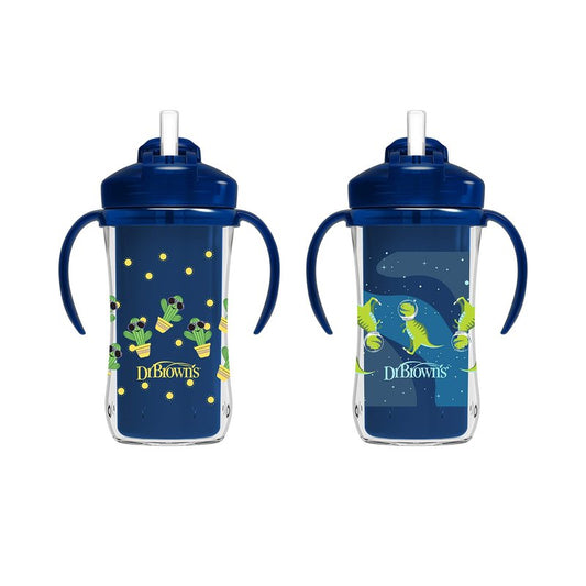Dr. Brown's Milestones Insulated Sippy Cup with Straw and Handles, Spill-Proof Tumbler with Lid, 2-Pack, Blue, 10 oz/300 mL, BPA Free, 12m+