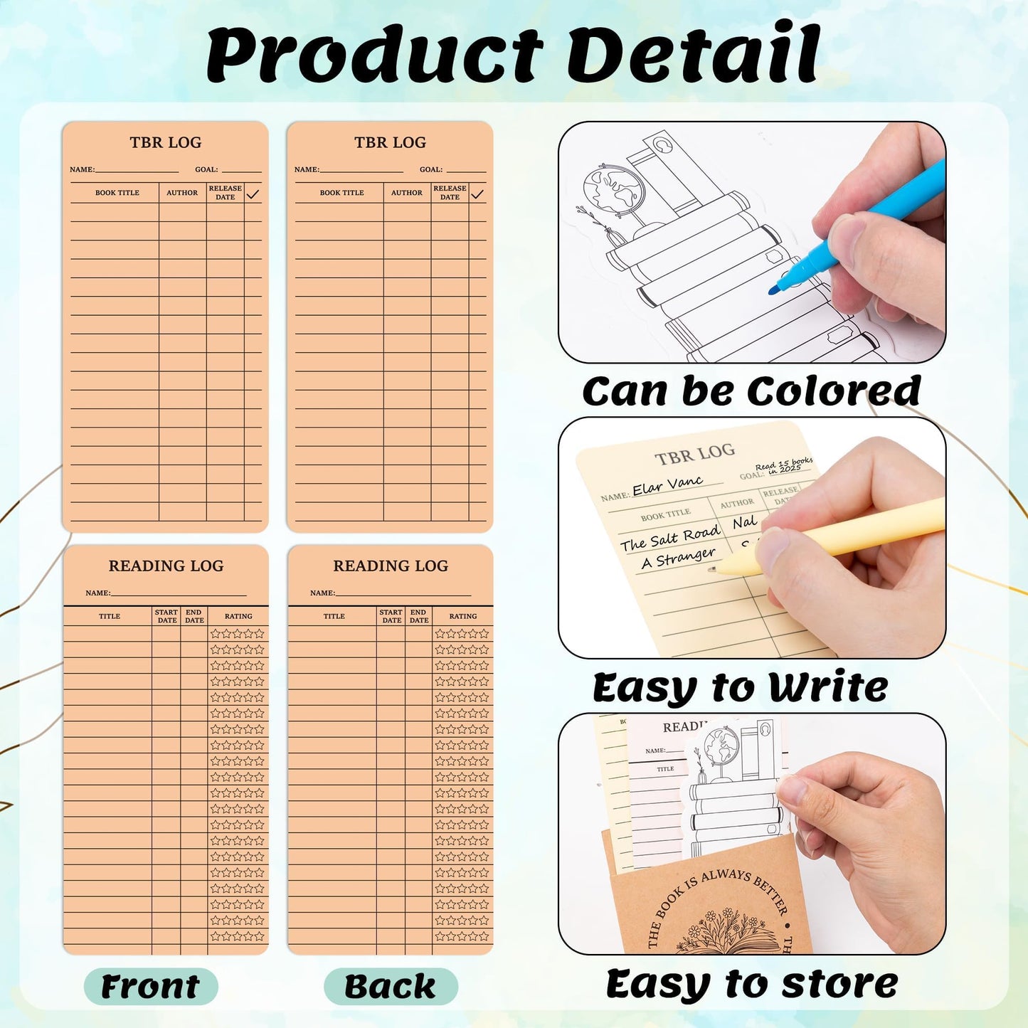 L1rabe TBR Cards Bookmark Set - Back to School 48P Reading Log TBR Cards for Reader Bookish Bookworm Gift, 72P Color Your Own Bookmarks Reading Pocket Pens for Students Teacher Women to Review Tracker