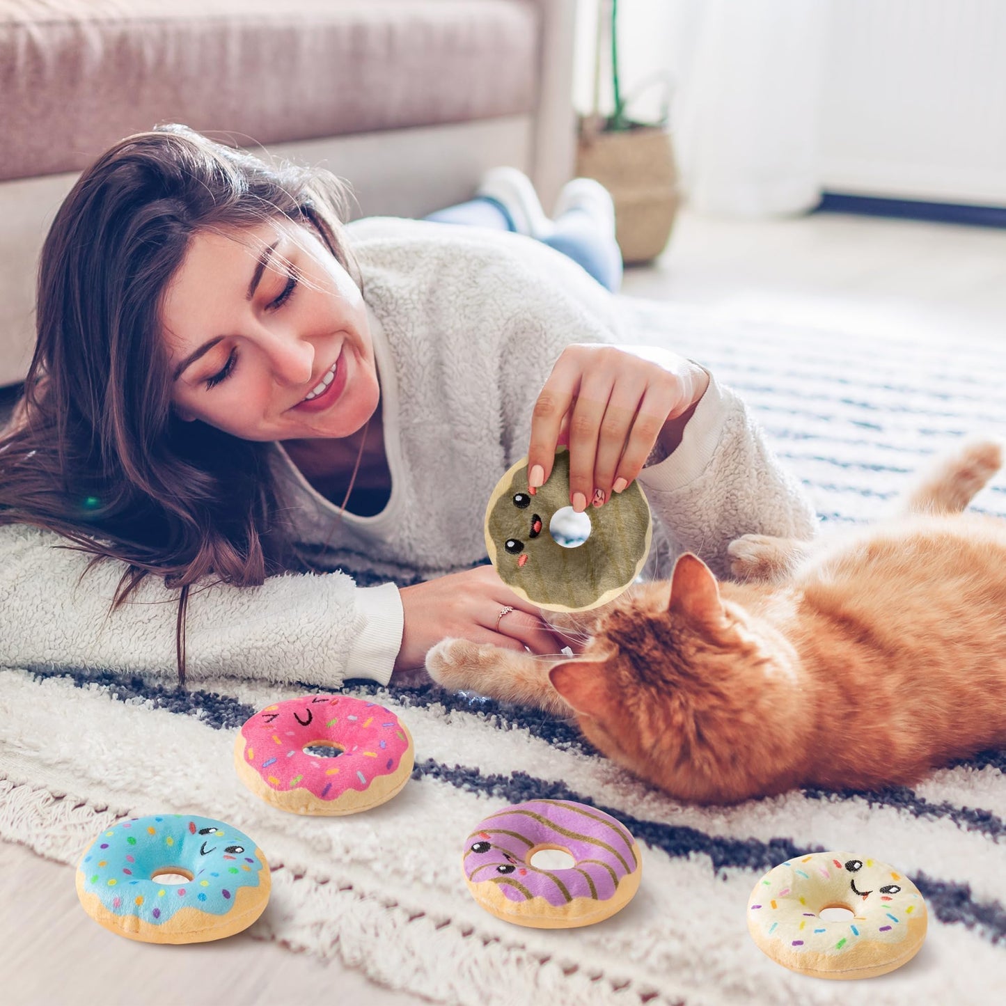L1rabe Donut Catnip Stuffed Toys for Cats - 5Pcs Summer Gift Funny Dessert Organic Cat Toys Pet Supplies, Indoor Cats Chew Bite Teething Tools Kittens Catmint Birthday Present Interactive Supplies