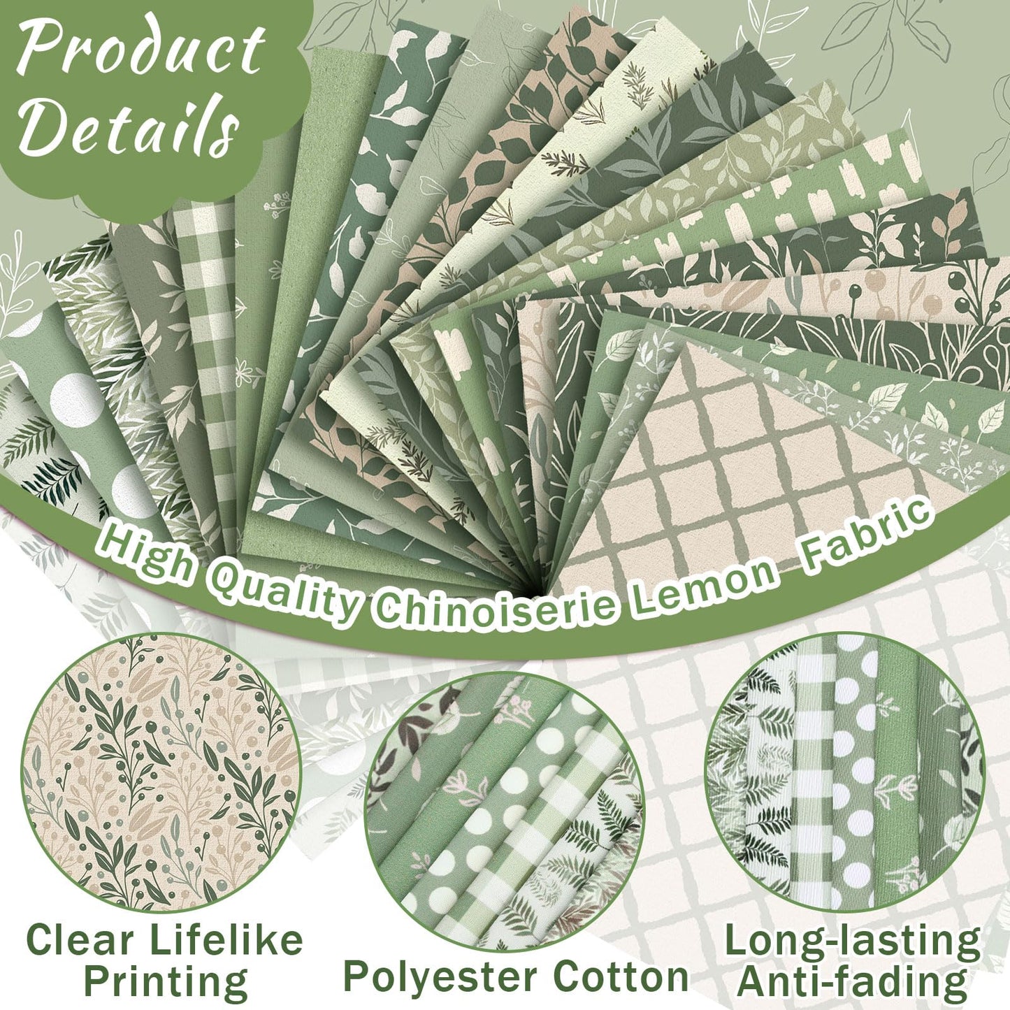 Tegeme 40 Pcs 10 x 10 Inches Sage Green Floral Fabric Squares Vintage Greenery Precut Fabric Bundle Retro Eucalyptu Gingham Polka Dot Spring Leaves Printed Sewing Sheet for Craft DIY Quilting Sewing