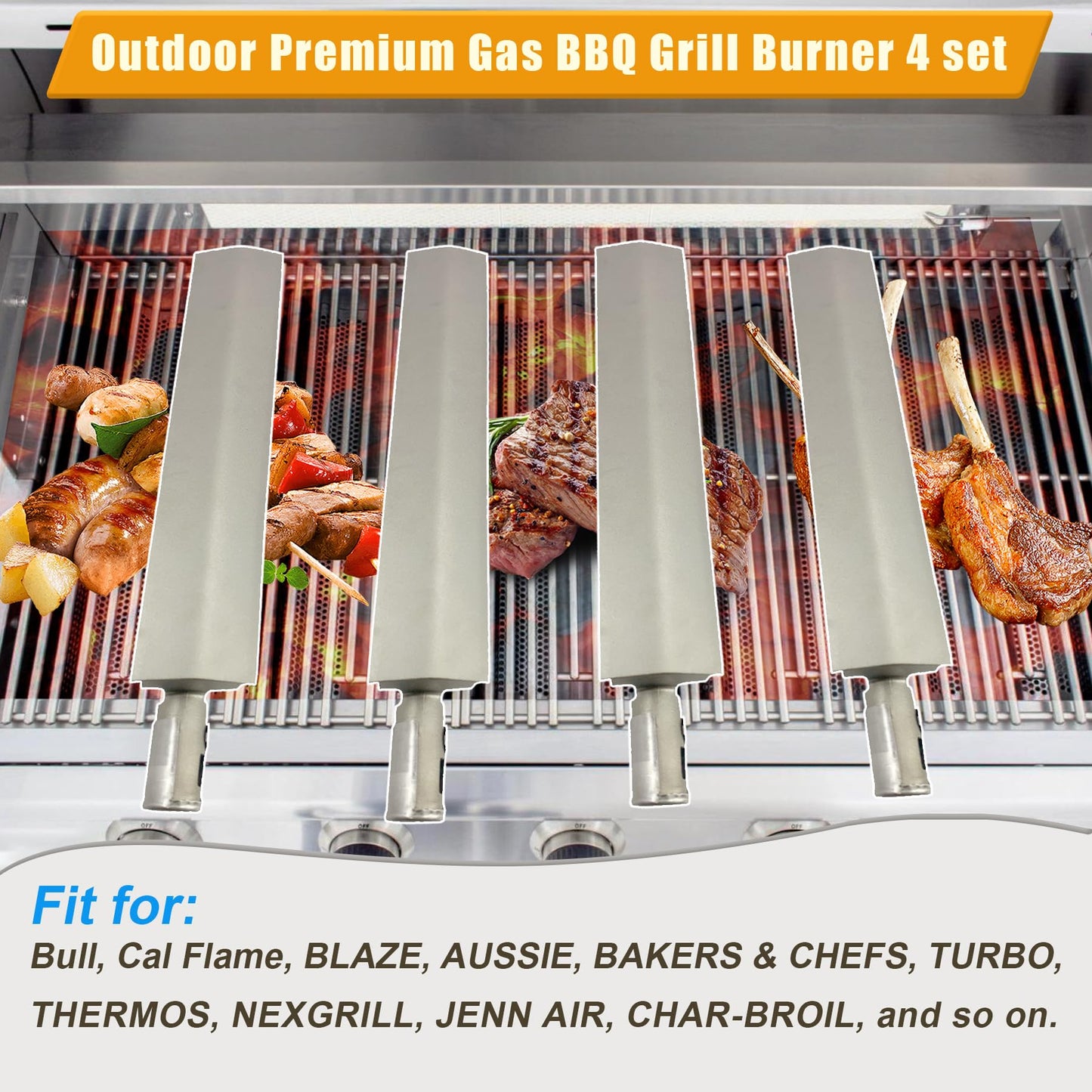 4-Set Heavy Duty Cast Stainless Steel Grill Burners for Bull, Grill Replacement Parts for Bull, Blaze, Cal Flame, Lion, Grilljob, Aussie, Char Broil, Turbo, Thermos, Beefeater, Jenn Air, Nexgrill, etc