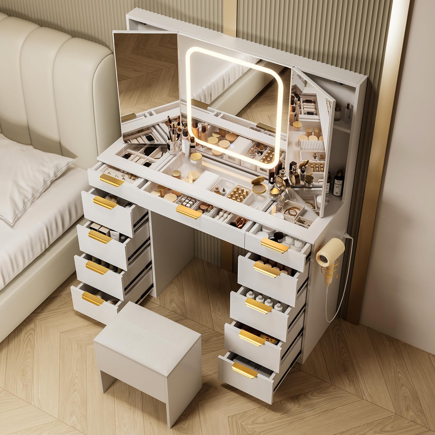 Pamapic 11 Drawers Vanity Desk with Foldable Mirror, Glass Top Makeup Vanity with LED Lights, 3 Lighting Modes, Golden Handles Dressing Table with Chair and Power Outlet