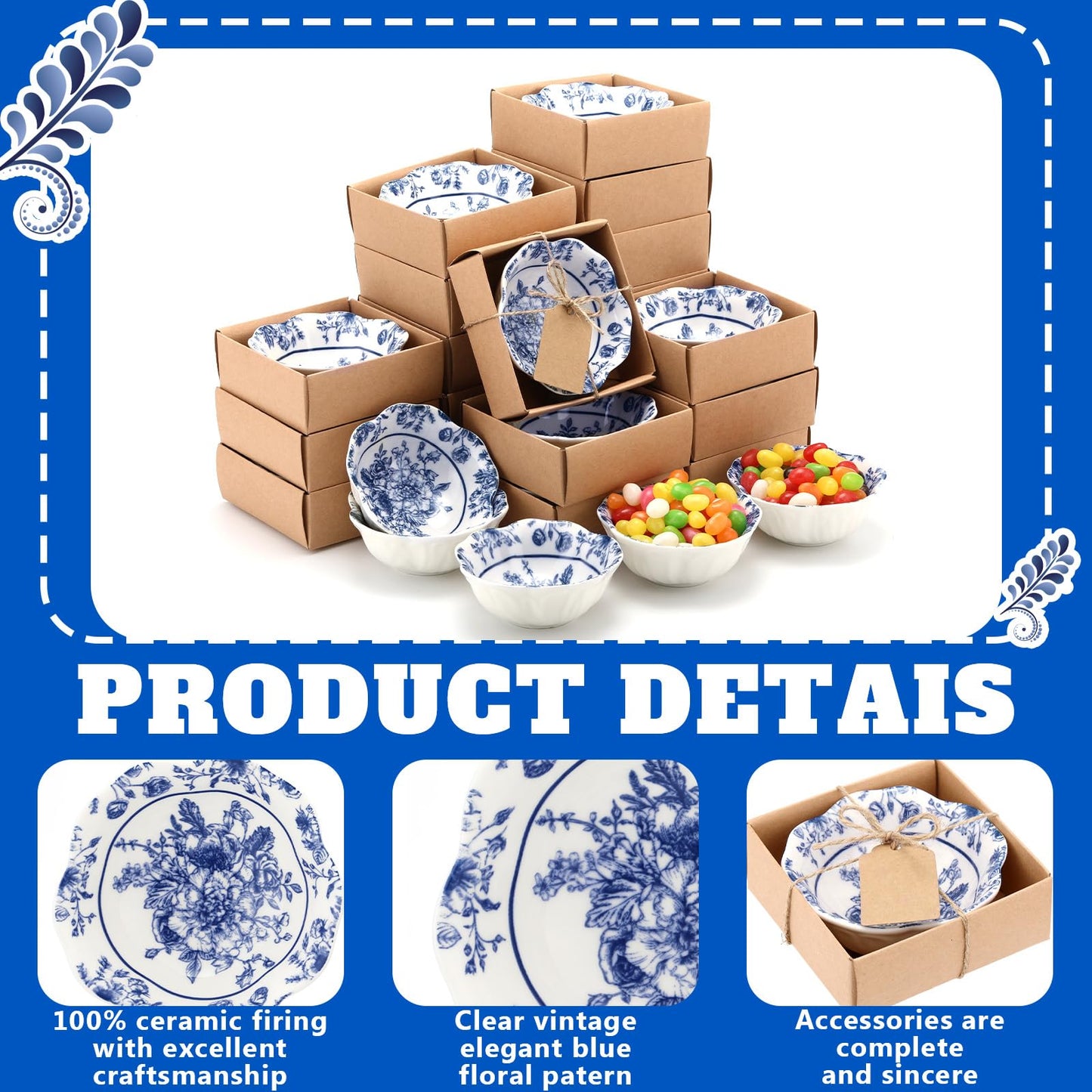 SiliFine 12 Pcs Wedding Favors for Guests Small Ceramic Bowl Bulk Gifts Set 3.3 Inch Floral Design Mini Dipping Sauce Dish with Card Box for Bridal Pooja Baby Shower Birthday (Flower,Blue)
