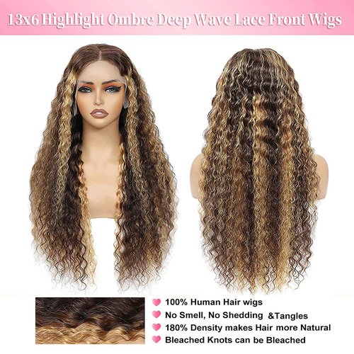 Aimking 13x6 Highlight Ombre Lace Front Wig Human Hair Wigs For Women 180% Density 4/27 HD Deep Wave Lace Frontal Wigs Curly Honey Blonde Wig Human Hair With Colored (22 Inch)
