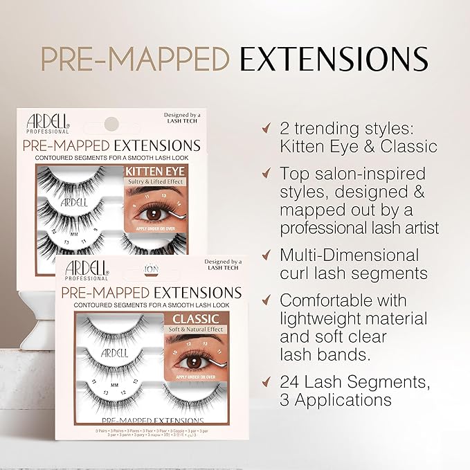 Ardell Pre-Mapped Eyelash Extensions Kit - False Lashes Cat Eye, Reusable Segmented Lash Strips, Long-Lasting with Lash Glue and Remover, 4-Pack