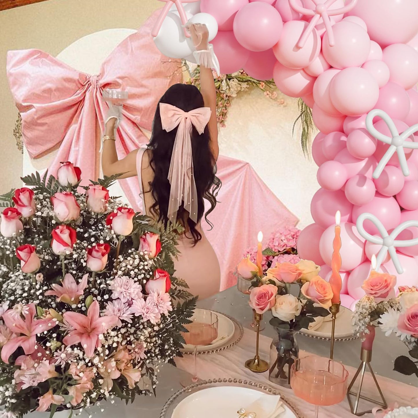 Coquette Birthday Decorations, 149 Pcs Pink and White Bow Balloon Garland Arch Kit for Wedding Bridal Baby Shower Bachelorette Party Decorations