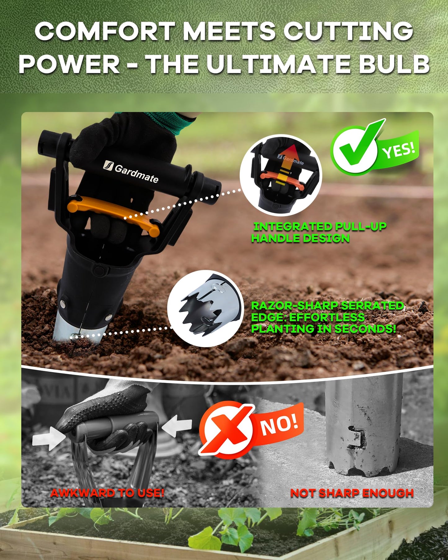 gardmate Bulb Planter Tool - One-Touch Automatic Bulb Planter for Bulbs, Seeds & Seedlings - Stainless Steel Garden Bulbs Dibber with Ergonomic Handle - No Bend Planting Tool with Gloves & Brush