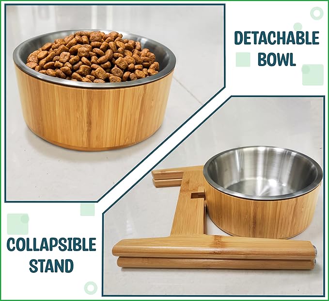 Raised Dog Bowl with Stand (12-inch) - Elevated Bamboo Food Bowl with Stainless Steel 304 Insert - Medium-to-Large Breeds Suitable