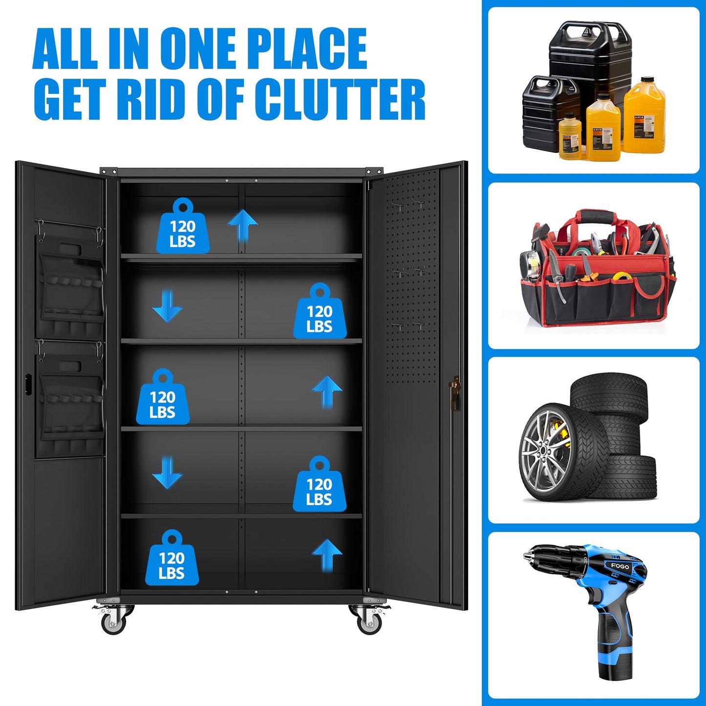 2025 Upgraded Wide & Deep Garage Storage Cabinet with Wheels, Lockable Metal Storage Cabinet with Pegboards and 9 Hooks, 2 Tool Pouches for Garage,4 Adjustable Shelves (Black,43''W x 22''D x 72''H)