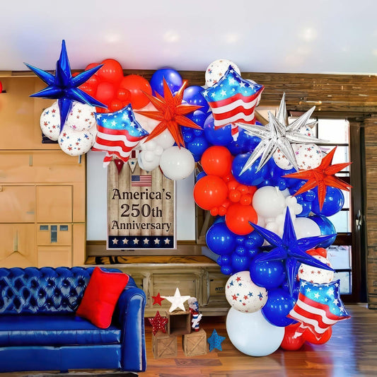 150Pcs Red White and Blue Balloon Garland Arch Kit for America's 250th Anniversary, Patriotic Decorations with Star Print & USA Flag Foil Balloons for 4th of July, Independence Day, Memorial Day