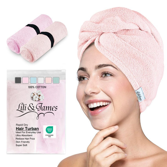Lili&James 100% Cotton Hair Towel Wrap for Women & Kids – 420 GSM Quick Dry Hair Turban with Double Button Loop, Anti Frizz Non Microfiber Hair Drying Towel for Curly, Long & Thick Hair (Lilac+Pink)