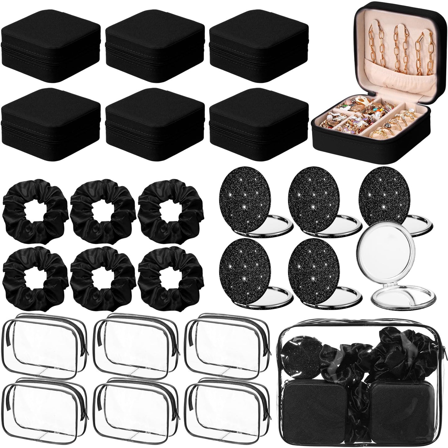 Yalikop 24 Pcs Spa Party Favor 6 Jewelry Boxes 6 Scrunchies 6 Glitter Mirrors 6 Bag Gift for Mother's Day Bridal Bachelorette Party (Black)