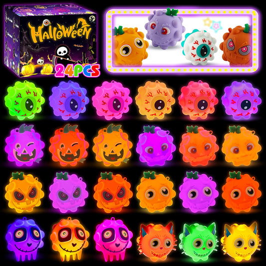 24PCS Light Up Halloween Pop Ball Toys, Halloween Party Favors Gifts for Kids, Trick or Treat Toys for Kids, Halloween Goodie Bag Stuffers,Classroom Prizes