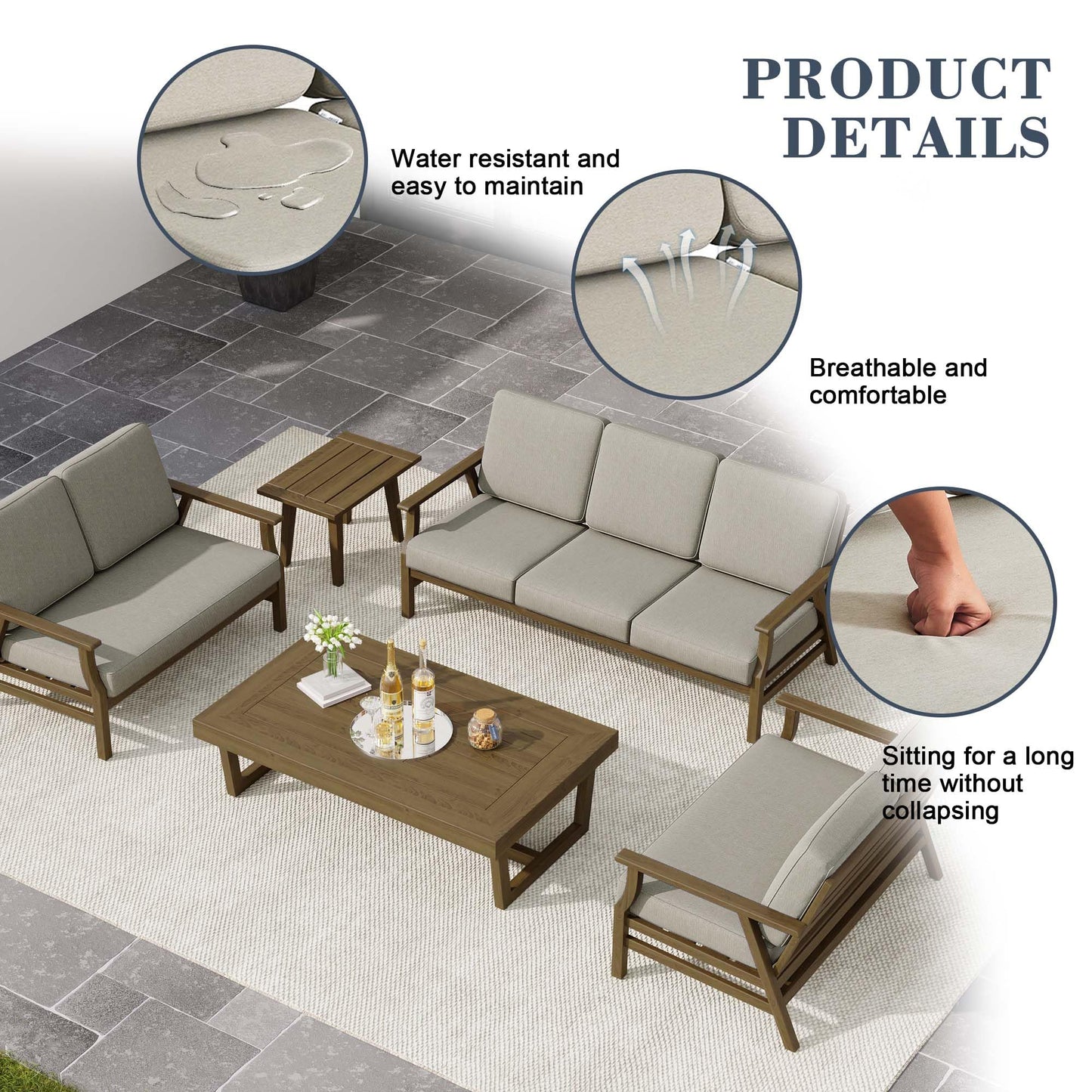 UIXE 6 Pieces Outdoor Patio Furniture, Wood Outdoor Sectional Furniture Patio Sofa Conversation Sets with Bistro Chairs, Coffee Table - Light Camel