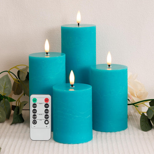 AFINETH Teal Flameless Pillar Candles, Battery Operated Candles with Remote, Real Wax Flickering LED Candles for Home Party Wedding Holiday Decor, Set of 4, Φ 3" H 4"" 5"" 6"" 8"""