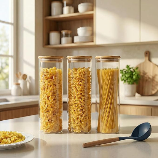 HomArtist Glass Jars with Bamboo Lids 79 FL OZ [Set of 3], Glass Canisters with Airtight Lids, Glass Food Storage Containers for Spaghetti, Fettuccine, Linguine,Pasta, Best for Kitchen & Pantry