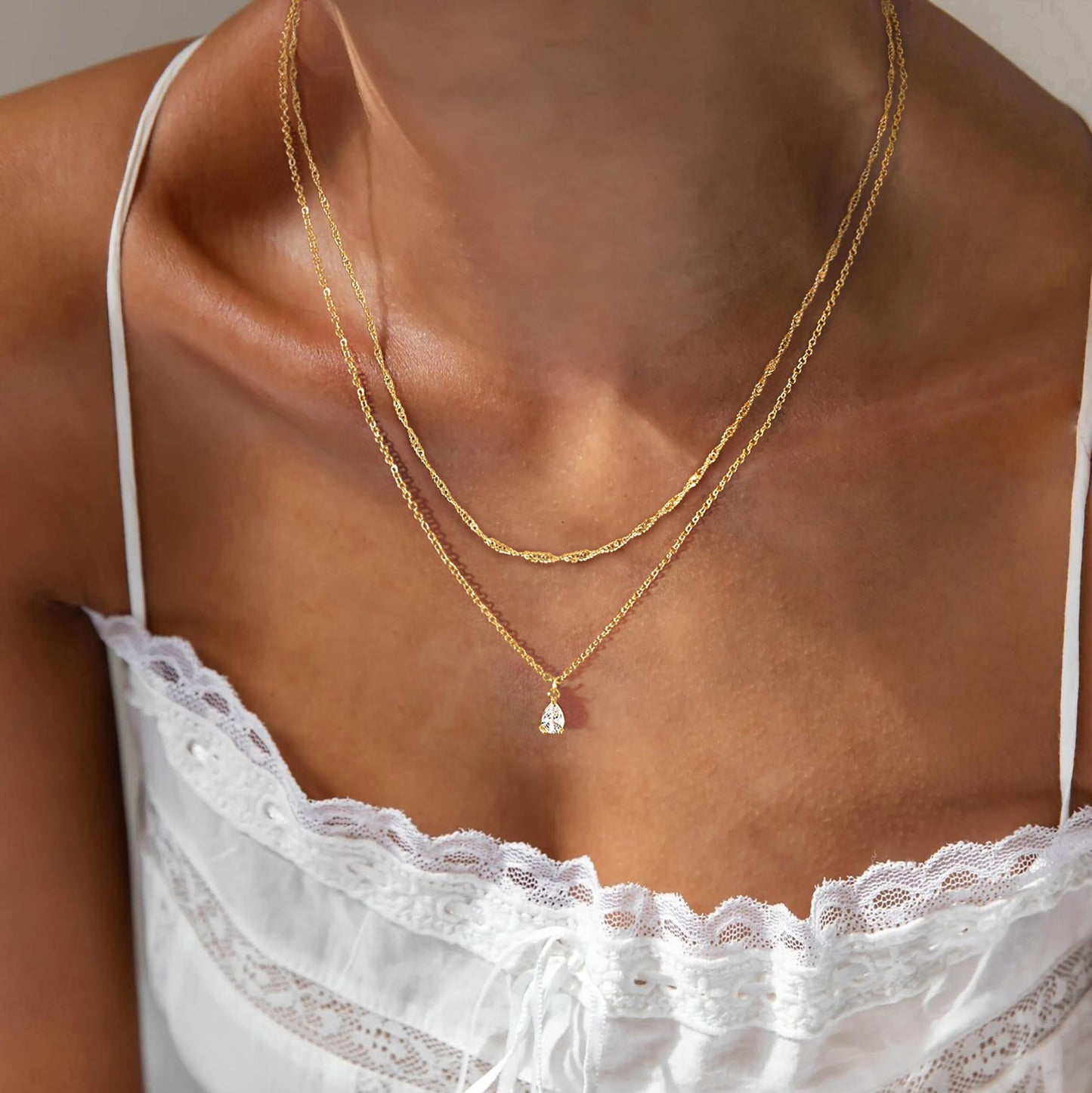 Layered Necklaces for Women Trendy,Stackable 14K Glod Plated CZ Pendant Necklace Dainty Gold Cuban Teardrop Necklace Choker Chain Small Cute Layered Necklaces Set for Women Fashion Jewelry Accessories