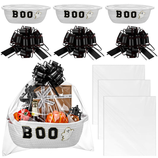 Acellegic 3 Sets Halloween Boo Basket for Gifts with Bows Ribbons Cute Boo Ghost Woven Candy Baskets Trick or Treat Bucket for Halloween Holiday Birthday Treat Wrapping Party Supplies (White)