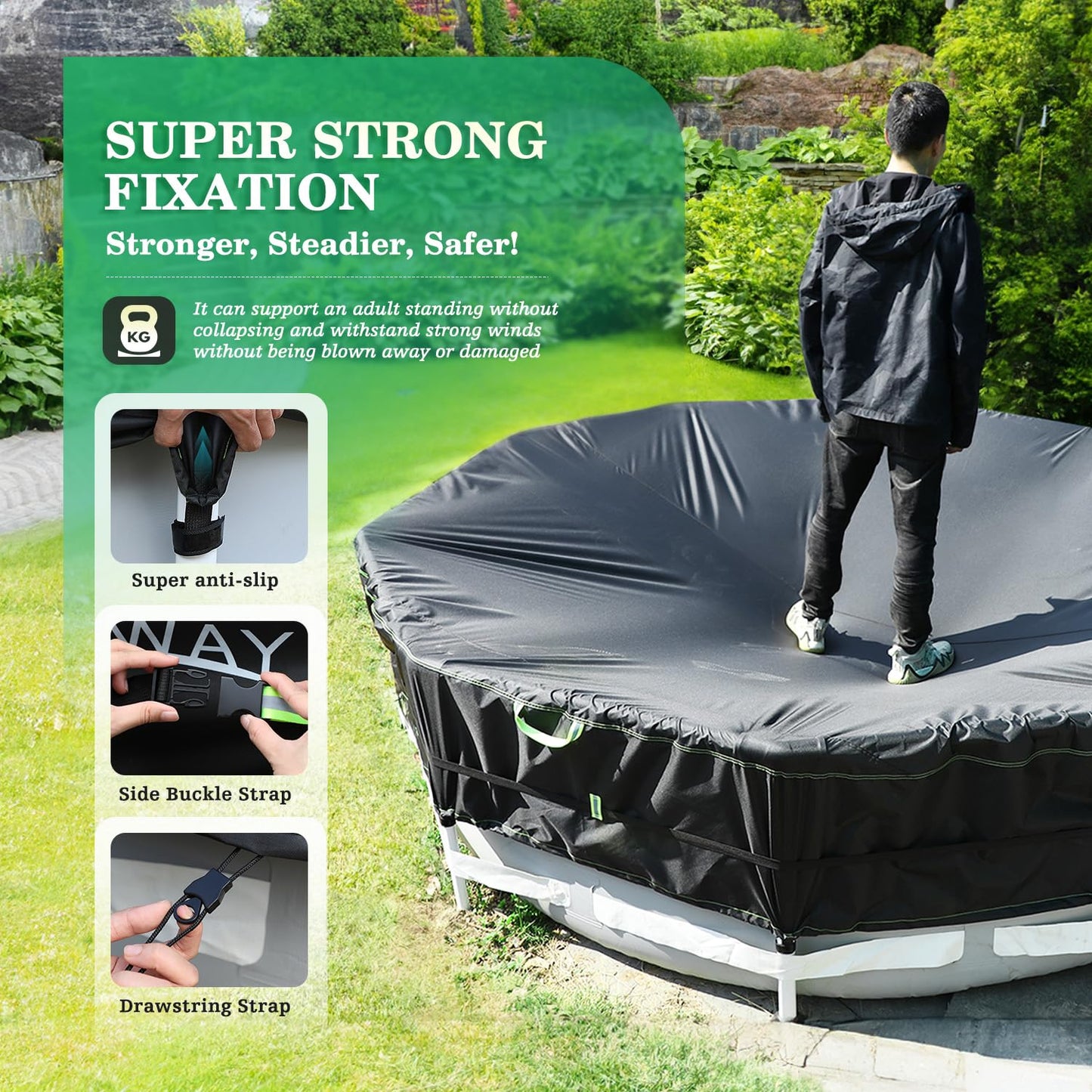 UIRWAY 500D Pool Cover 18FT Round [2026 Upgraded Heavy Duty Fabric] Solar Pool Covers for Above Ground Pools, New Super Windproof Gel-Coated Tarp Straps, Swimming Pool Covers with UV Protection