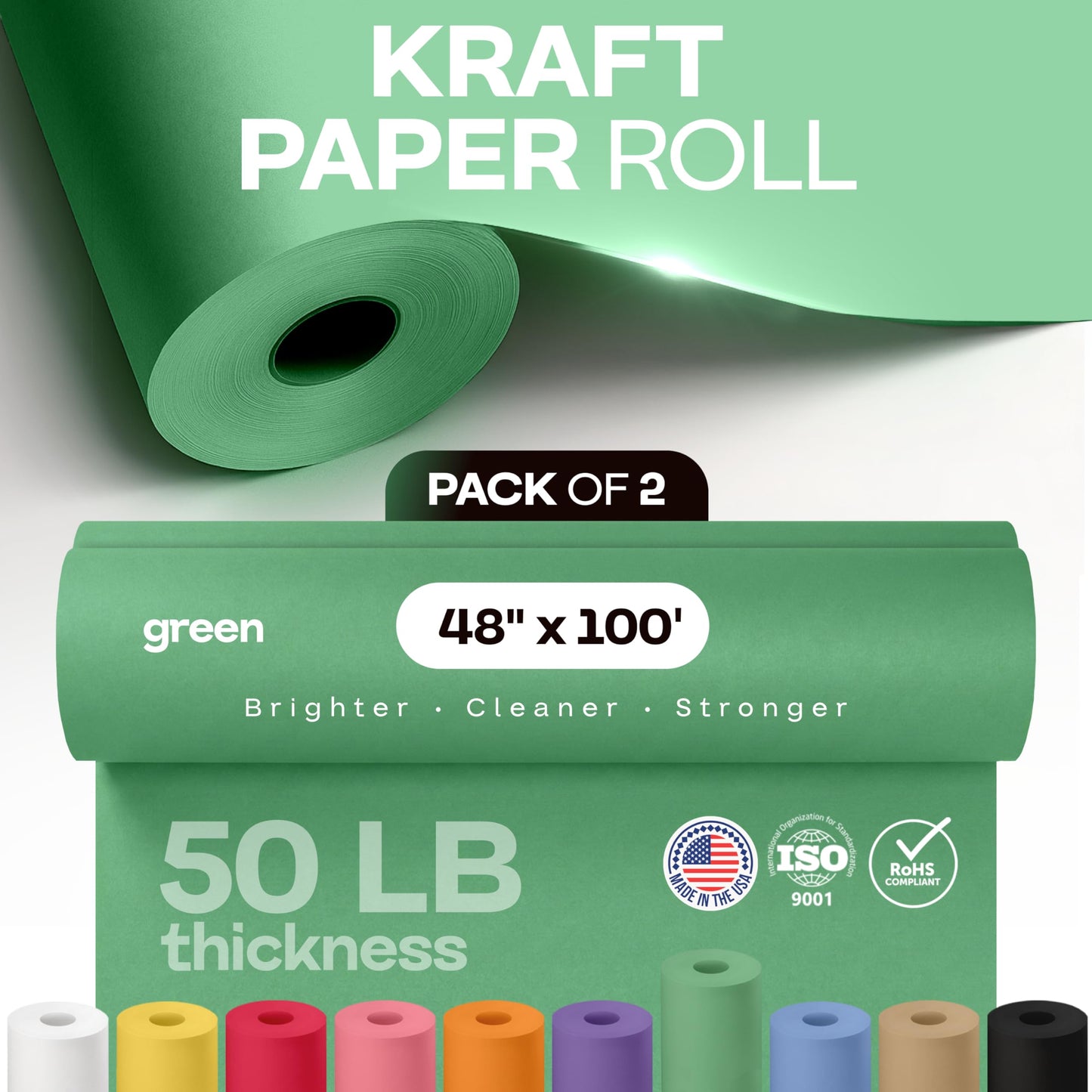 48" x 1200" (100 ft) Green Kraft Paper Roll, Pack of 2 - USA-Made Quality Craft Paper for Gift Wrapping, Kids' Arts & Crafts, School Projects - 100% Recycled, 50 lb Natural Material by IDL Packaging