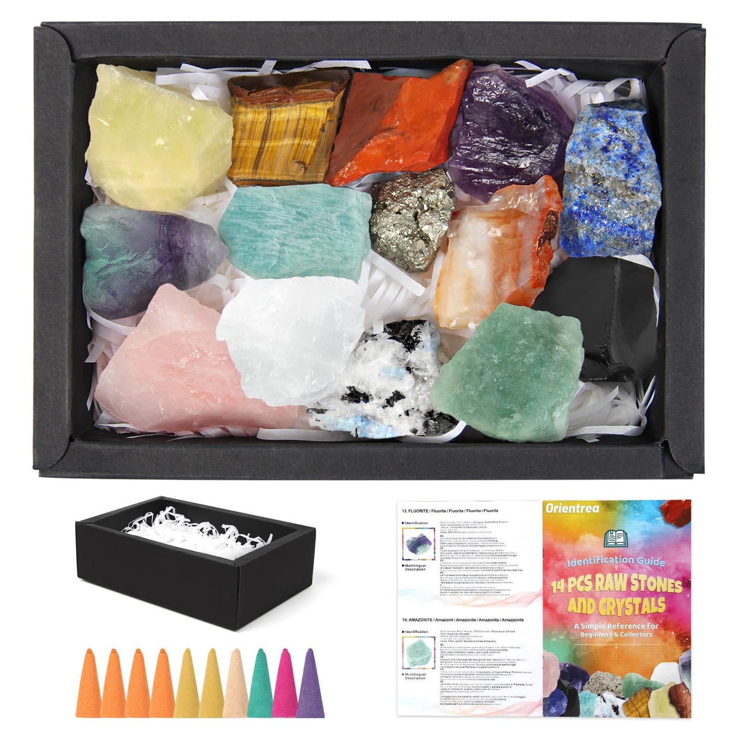 Orientrea 14Pcs Large Natural Rough Crystals and Healing Stones with Cone Incense & Guide – Raw Healing Crystals, Chakra Crystal Set for Tumbling, Decoration, Wire Wrapping, Wicca, Reiki, Meditation