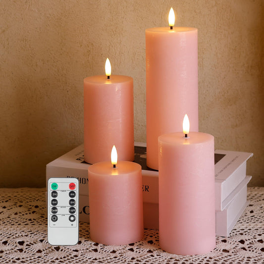 AFINETH Pink Flameless Candles, Real Wax Pillar Battery Operated Candles, Flat Top Flickering LED Pillar Candles with Remote, 4 Pack Fake Candles for Home Party Wedding Romantic Night Decor