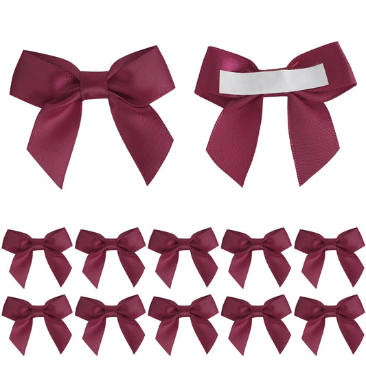 AIMUDI Burgundy Satin Ribbon Bows 2" Self Adhesive Satin Bows for Gift Wrapping Premade Bows with Double-Sided Tape for Making Crafts Baby Shower Birthday Party Wedding Decorations, 50 PCs