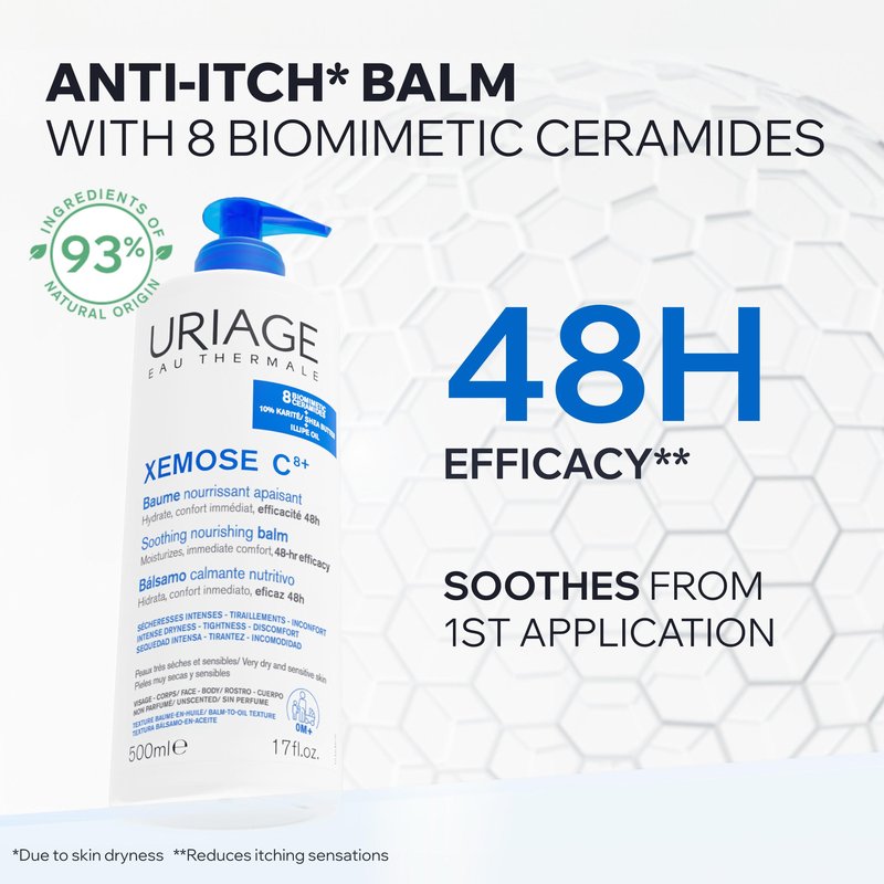Uriage Xemose C8+ Soothing Nourishing Balm, Fragrance-Free, Face & Body, Very Dry Skin, Anti-Itching action, Soothes immediately, 8 Biomimetic Ceramides & 10% Shea Butter, From Birth