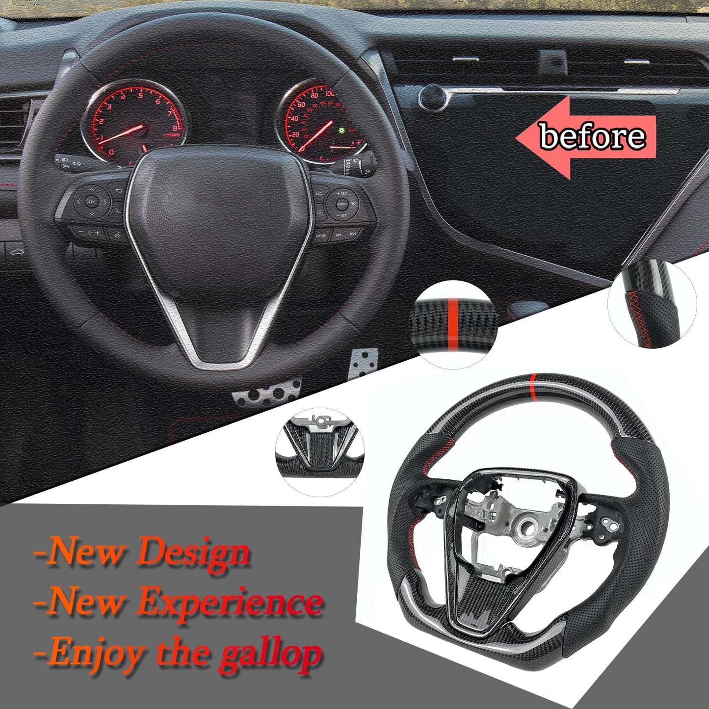 Automotive Carbon Fiber Steering Wheel For Toyota Camry SE XSE XLE 2018 2019 2020 2021 2022 2023 Carbon Fiber Leather Steering Wheel