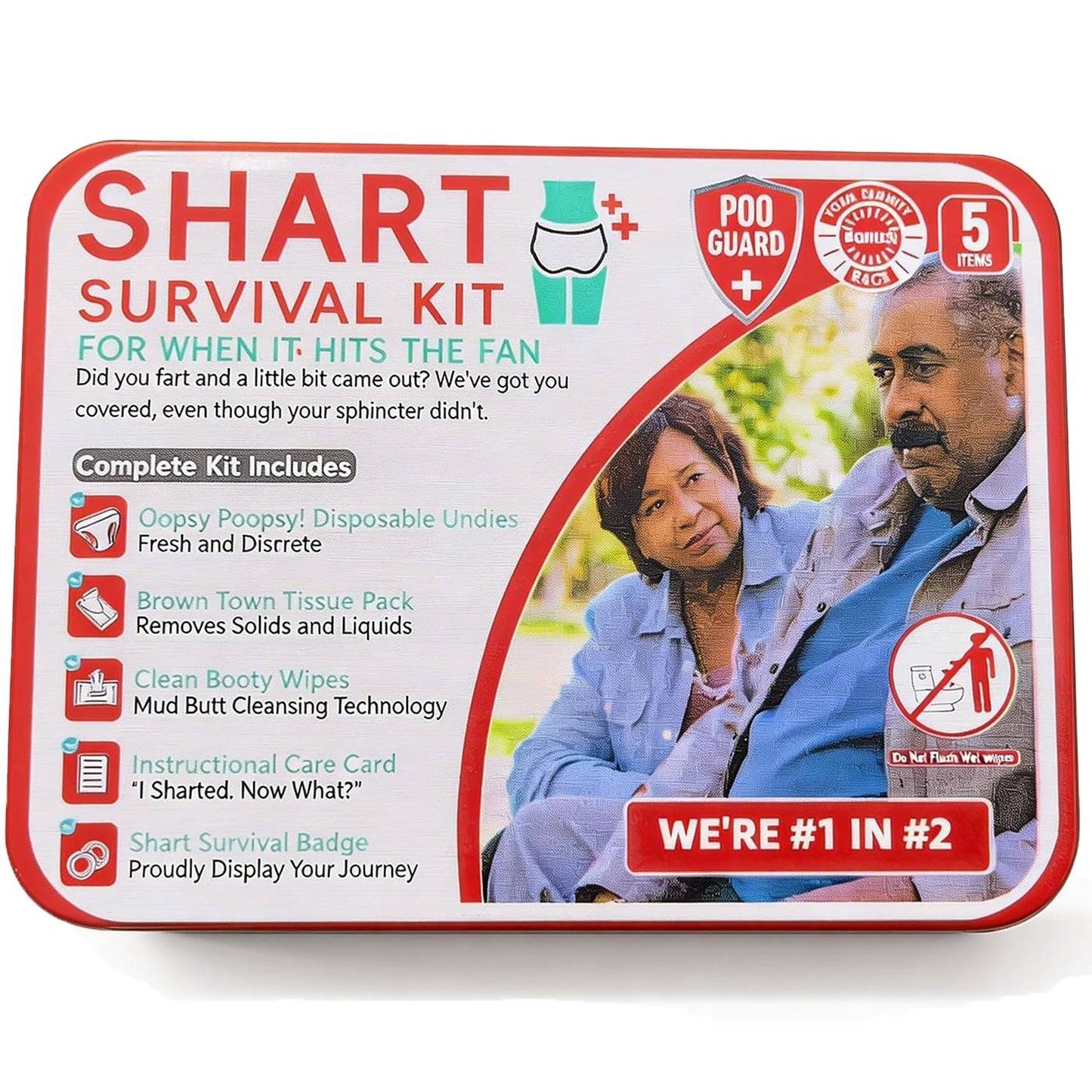 Funny Shart Survival Kit Ultimate Poop Prank Gag Gift Set Contains Wet Wipes, Disposable Underwear, Tissues and Hilarious Badge. Novelty Fart Potty Pack Great for Friends or Family