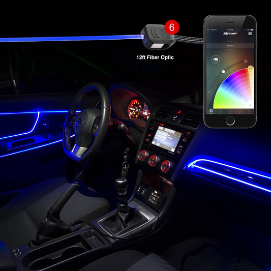 6pc LED Head 2pc 6ft Fiber Optic Roll Light Kit XKchrome App Controlled Bluetooth Enabled Automotive Car Truck Dash Door Interior Architectural Home Indoor Accent Flexible w/Mounting Tab 5V Advanced