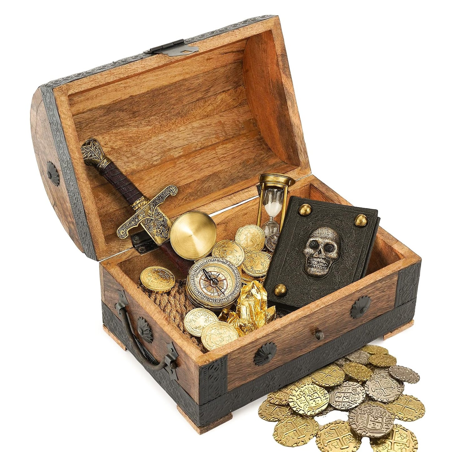 Ajuny Wooden Pirate Treasure Chest Jewelry Box – Handcrafted Vintage Keepsake Organizer with Shell Strips, Perfect for Necklaces, Earrings, and Trinkets, 9x6 Inch Gift Box