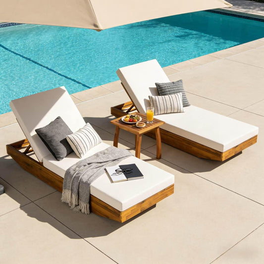2 PCS Outdoor Lounge Chaise with Cushions, Teak Finish Acacia Wood Lounge Chair Lounge with Cream Cushion for Outdoor Furniture Pool Lawn Deck(Shipped in 2 Boxes)