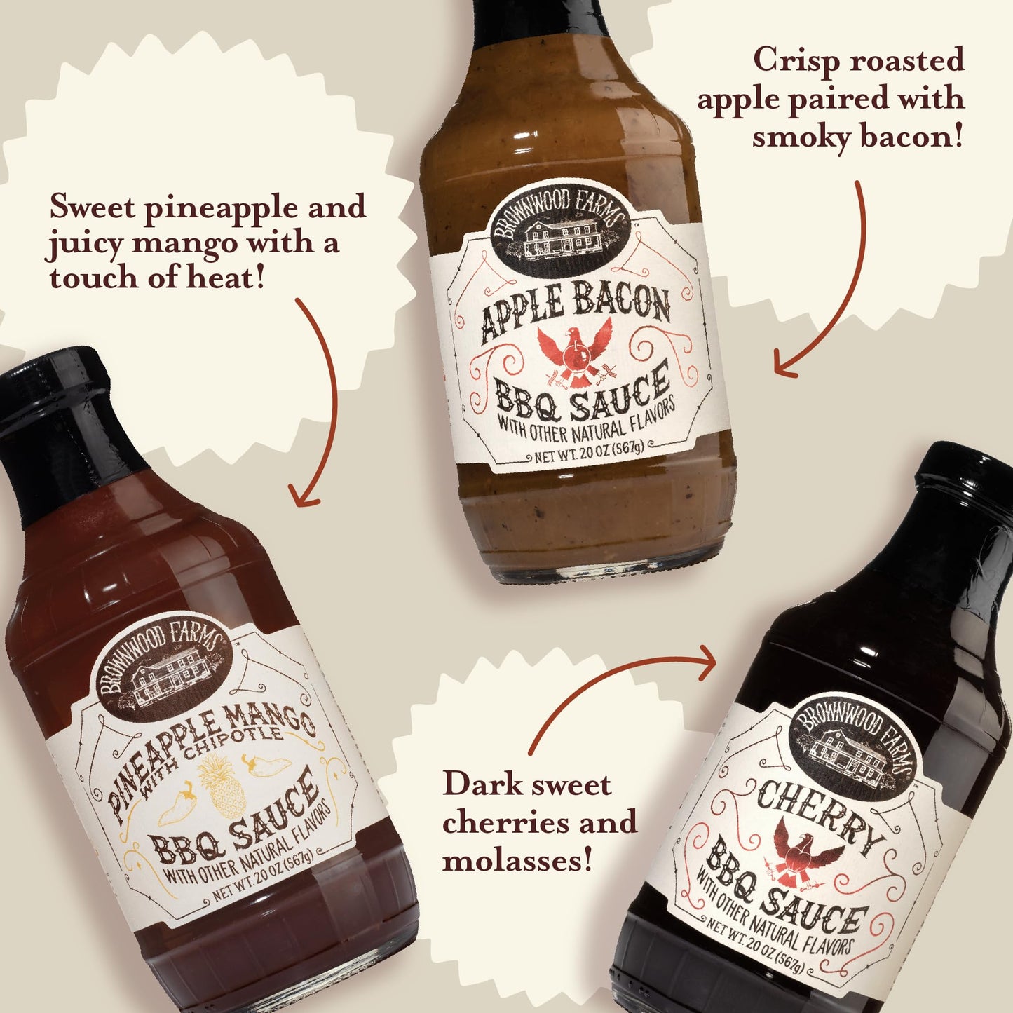 Brownwood Farms BBQ Sauce, Made in Small Batches, Sweet and Tangy, Great on Fries, Meatloaf, Burgers, Glaze, Real Ingredients 20oz (3 Count, Variety)