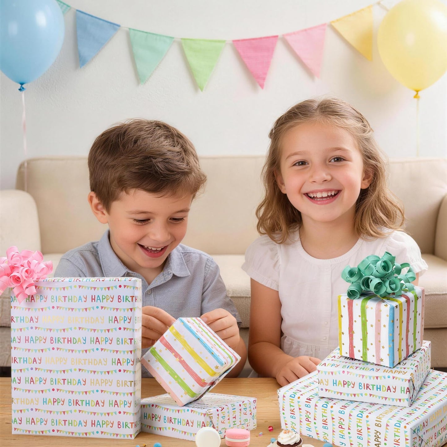 LaRibbons Reversible Happy Birthday Wrapping Paper, Colorful Birthday Lettering with Party Bunting, Stripe & Gold Foil Star Design on Back, Festive Gift Wrap for Party Celebration, Kids, Girls, Women, 17" x 33'
