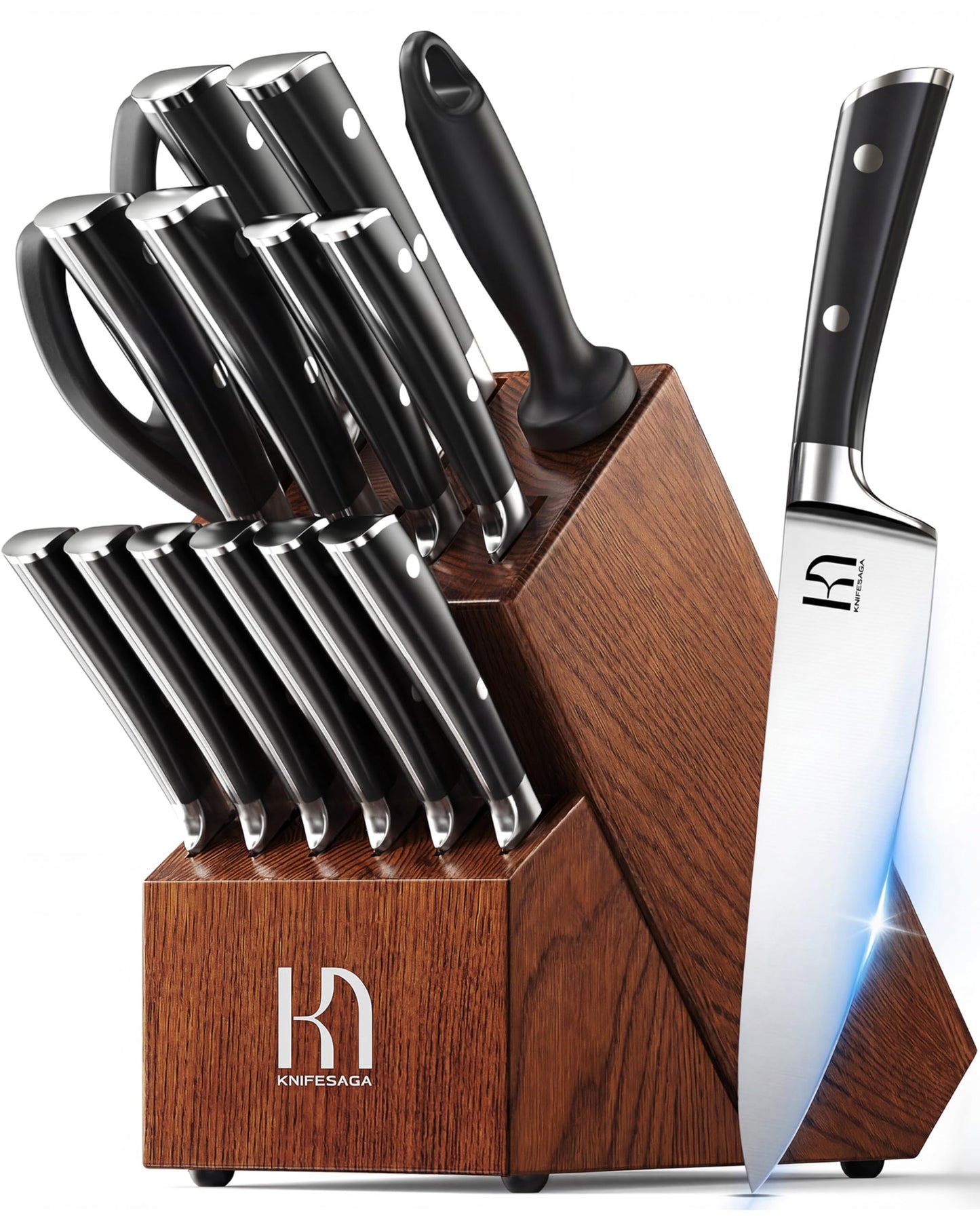 KnifeSaga Knife Set, 15 Pcs Kitchen Knife Block Set, Enduring Razor-Sharp High Carbon Stainless Steel Chef Knife Set with Block and Sharpener, Premium Knives Set for Kitchen, Ash Wood Valentine's Gift