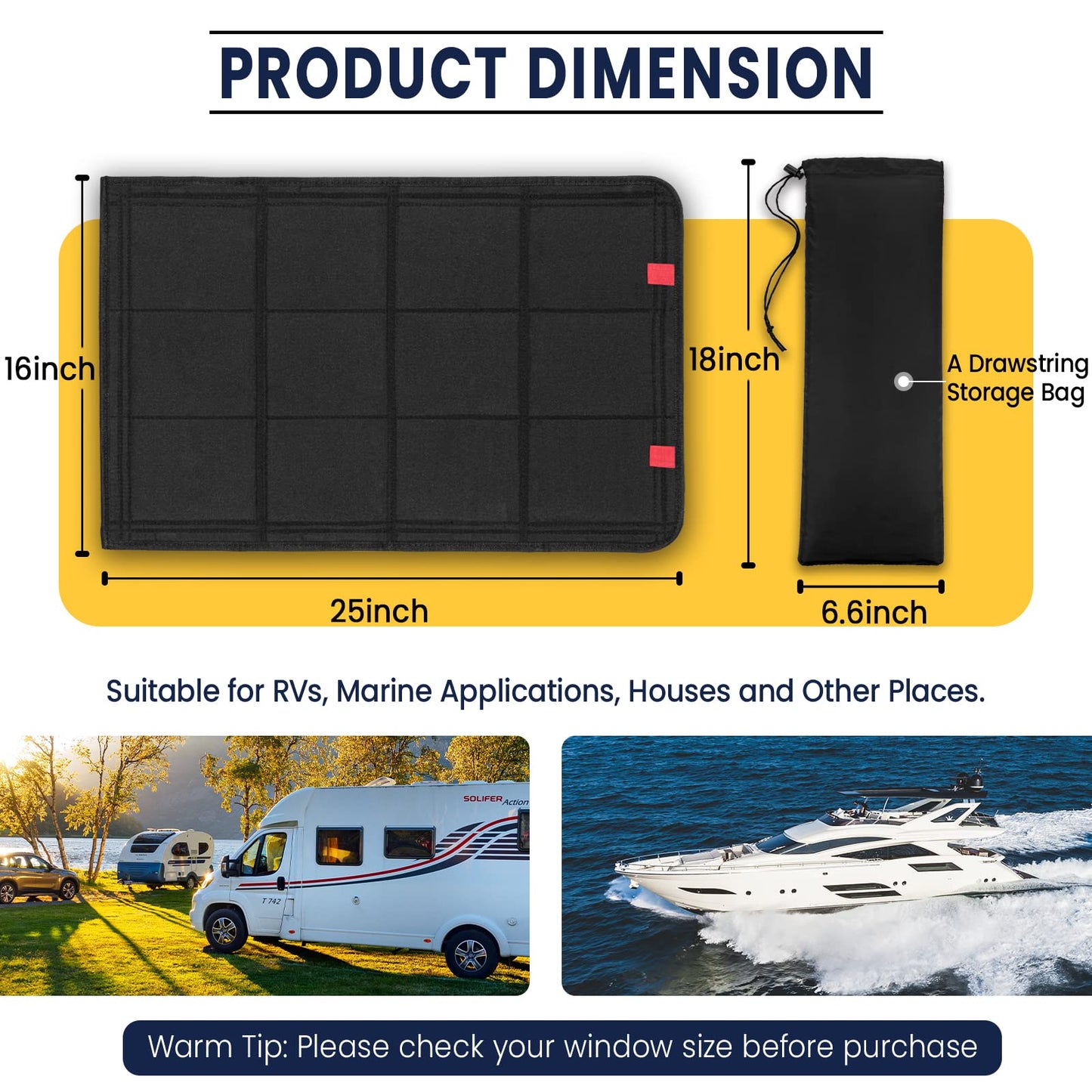 funomo RV Door Window Shade, Foldable Magnet RV Blackout Window Cover, UV Rays Protection Camper Trailer Window Cover, Waterproof Thickened Oxford and Silver Fabric with Storage Bag (Black Silver)