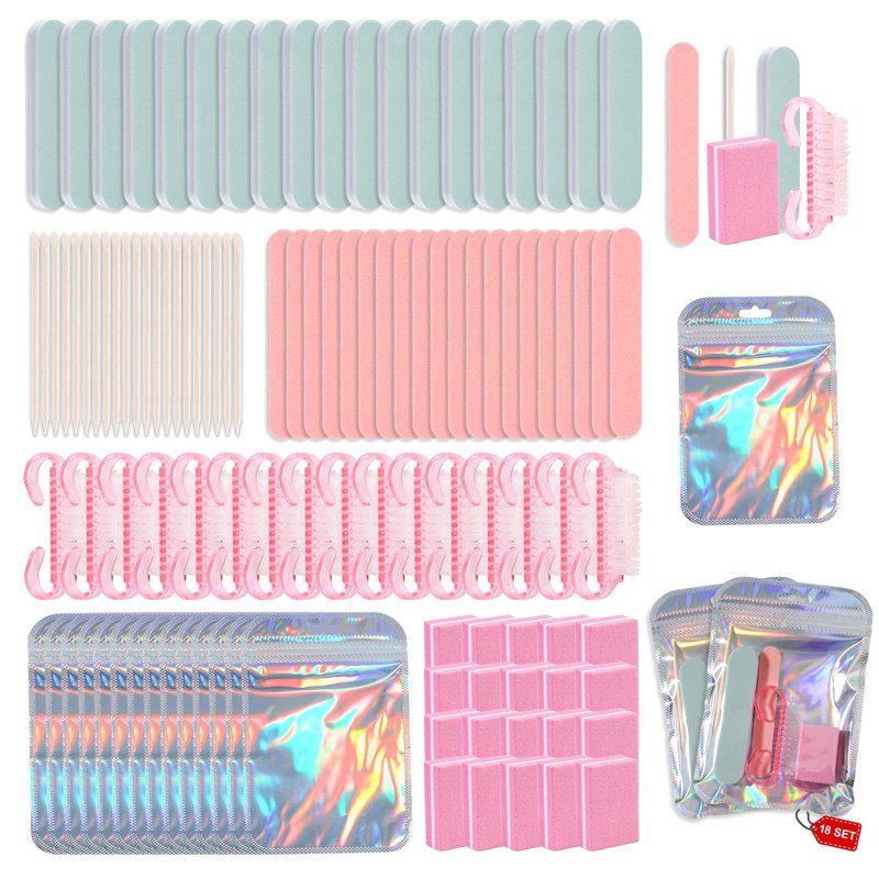 Disposable Manicure Kit Professional, 18 Set Press On Nail Tool Kit with Nail File, Nail Buffer, Nail Buffer Block, Nail Handle Brush, Wood Stick, Packaging Bag (Pink)