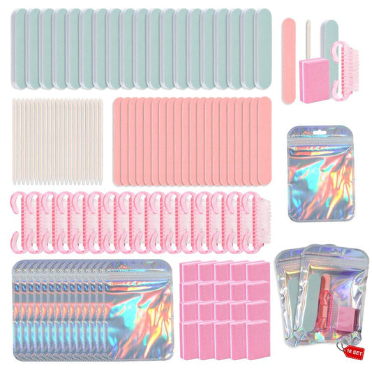 Disposable Manicure Kit Professional, 18 Set Press On Nail Tool Kit with Nail File, Nail Buffer, Nail Buffer Block, Nail Handle Brush, Wood Stick, Packaging Bag (Pink)