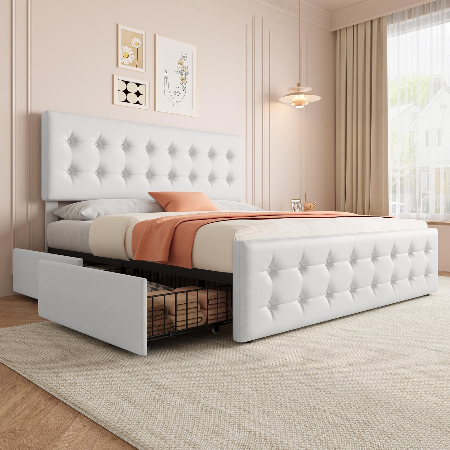 GAOMON King Size Bed Frame with 4 Storage Drawers and Headboard, Faux Leather Upholstered Platform Bed Frame with Wooden Slats Support, Button Tufted Design, No Box Spring Needed, White