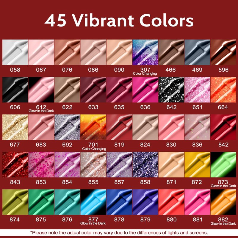 Lavender Violets 49pcs Gel Nail Polish Set 45 Colors Neon Glow in the Dark Effect with Nail Primer Builder Base Coat Glossy & Matte Top Coat Jelly Shades for Gift Set Nail Art Design A950