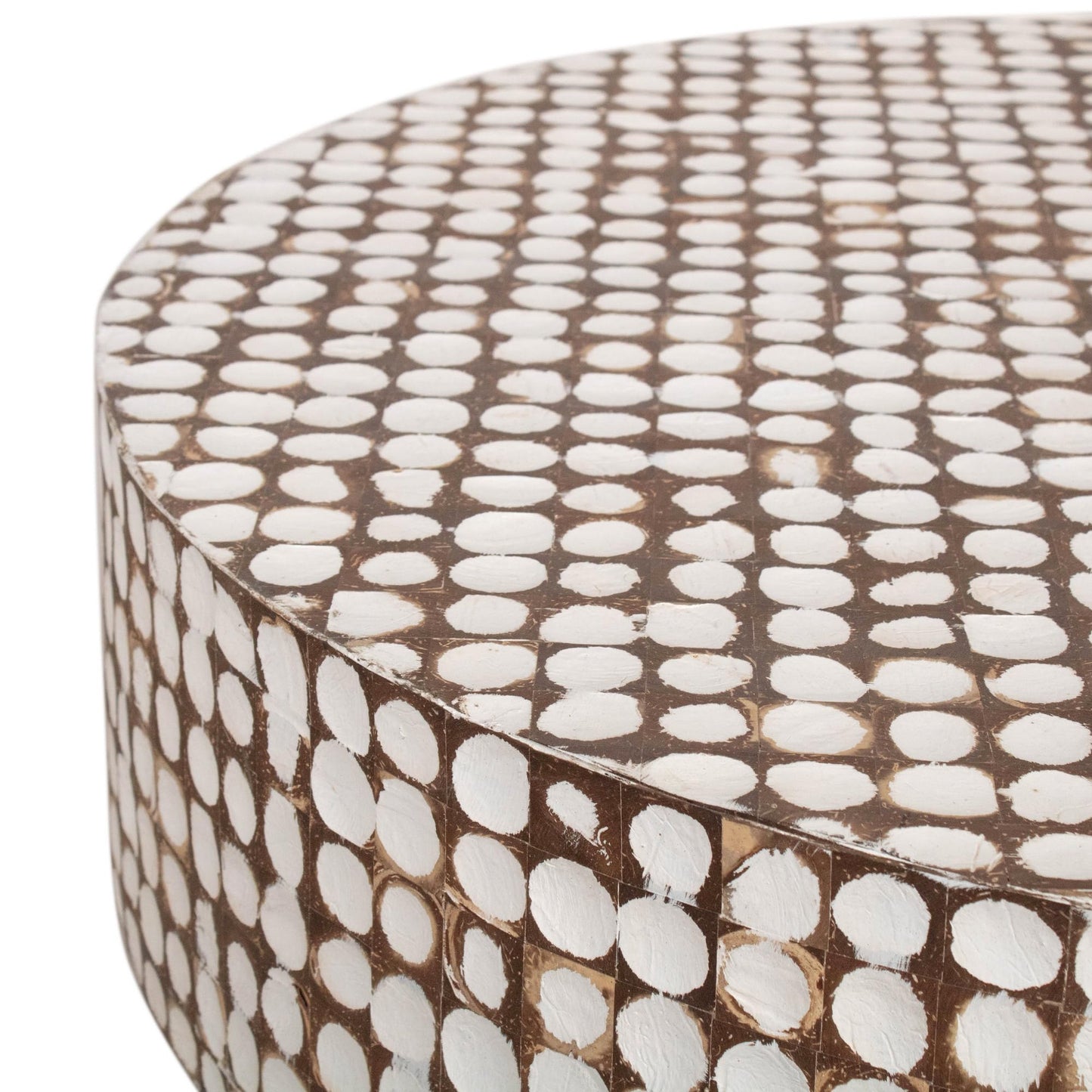 East at Main Round Coffee Table – White Boho Cocktail Table with Coconut Shell Inlay, 34.75" Coastal Accent Table for Living Room, Pedestal Wood Base, Handmade Furniture