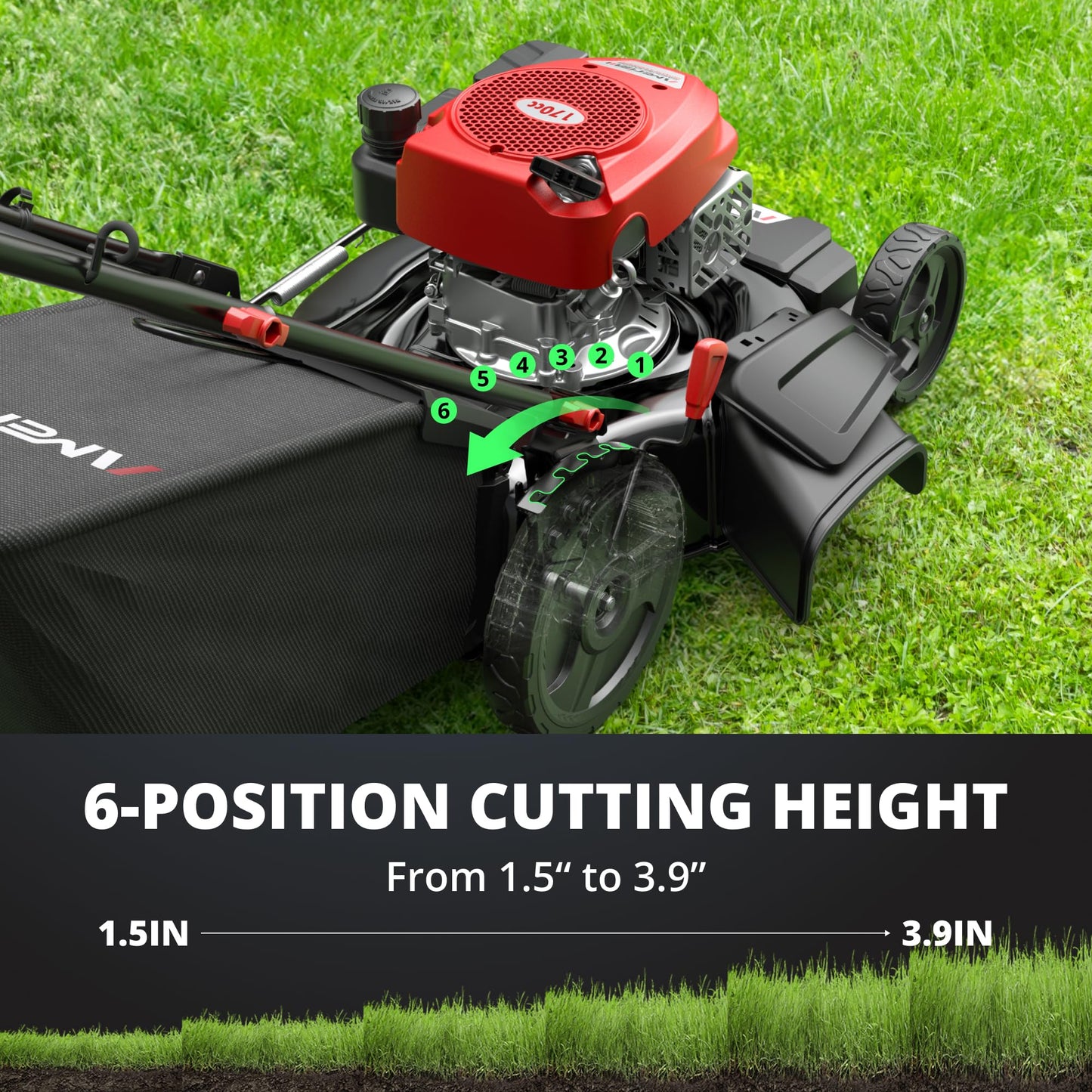 AMRISUN 21-Inch Self-Propelled Gas Lawn Mower for Large Yard, 170cc 4-Stroke Engine, 6-Position Adjustable Cutting Height, 3-in-1 Mulching, Side Discharge & Rear Bag for Garden Landscaping
