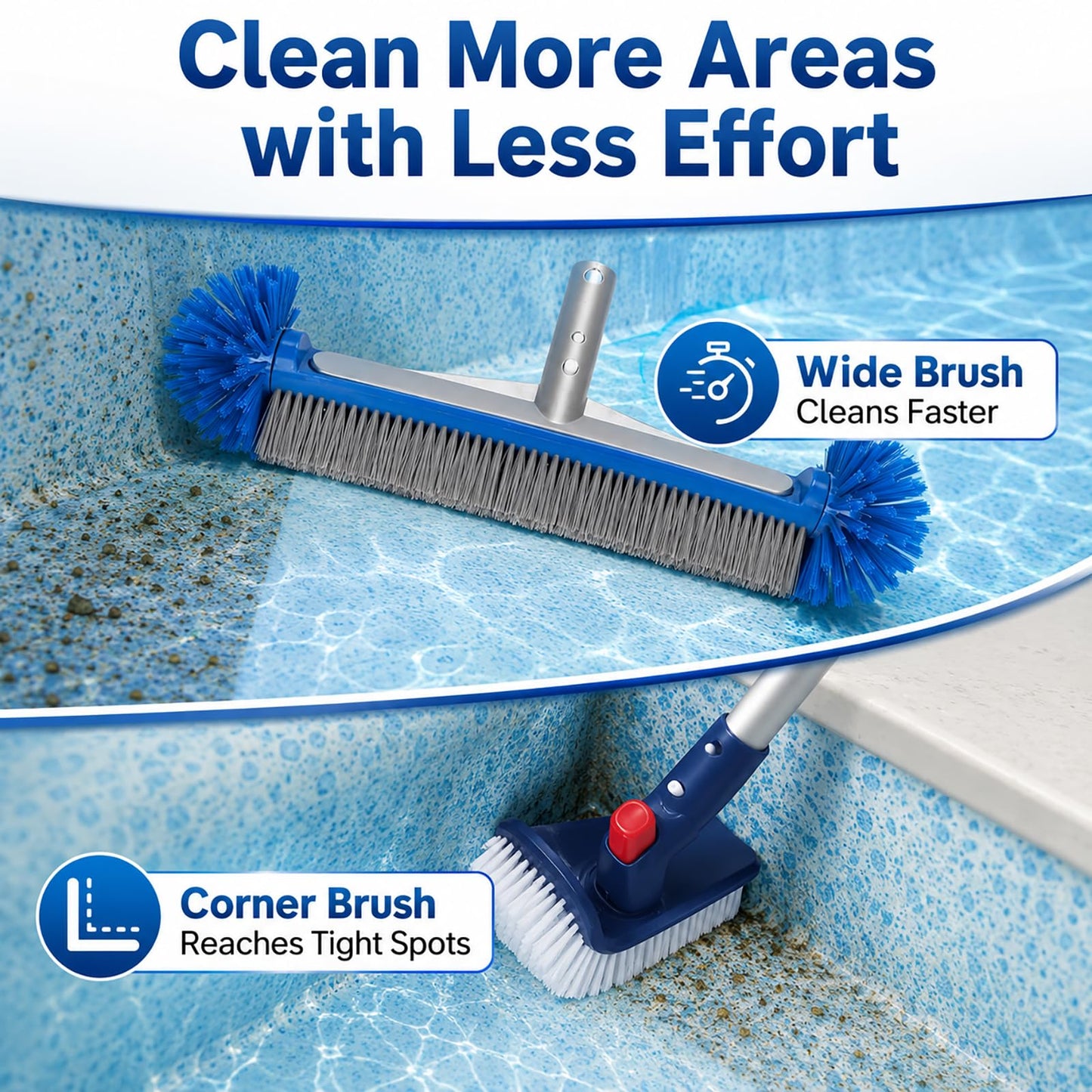 Ahomdoo Pool Cleaning Kit Professional Heavy Duty Leaf Skimmer Net, Deep Bag Rake & Wall Scrubber Brush, 4-Piece Pool Cleaning Equipment Set for Above Ground & Inground Pools (Pole Not Included)